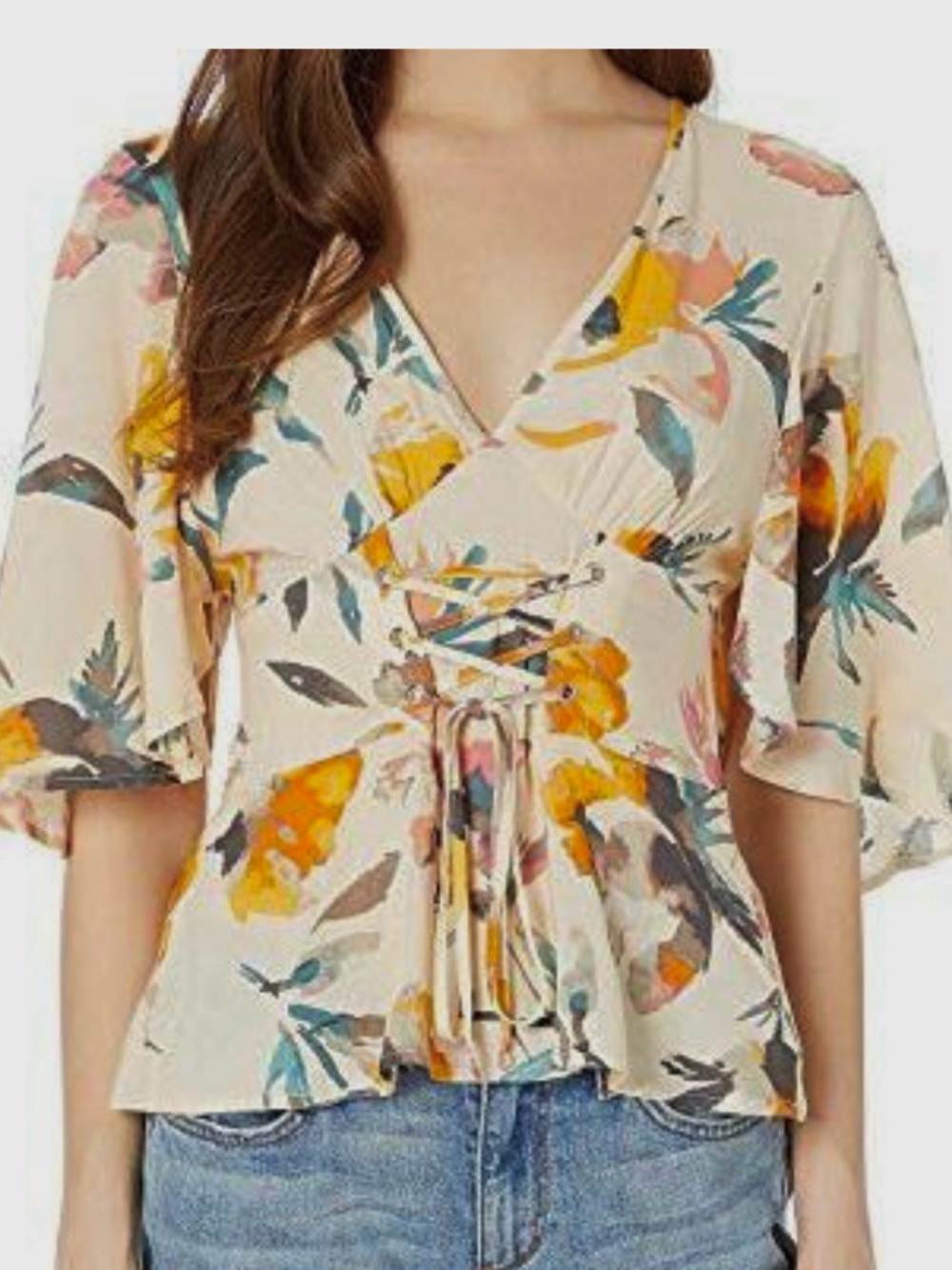 Multicolor Floral BCBG Corset Tie Waist V Neck Top with Flutter Sleeves Size 4